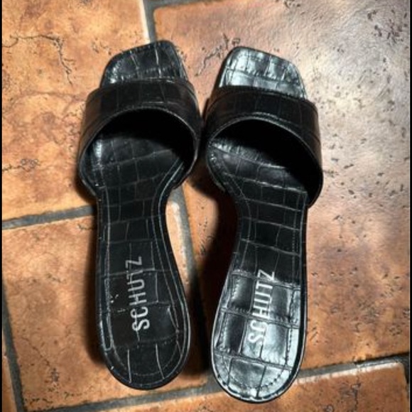 SCHUTZ Women's Posseni High Heel Slide Sandals in Black Croc Embossed - Picture 8 of 8